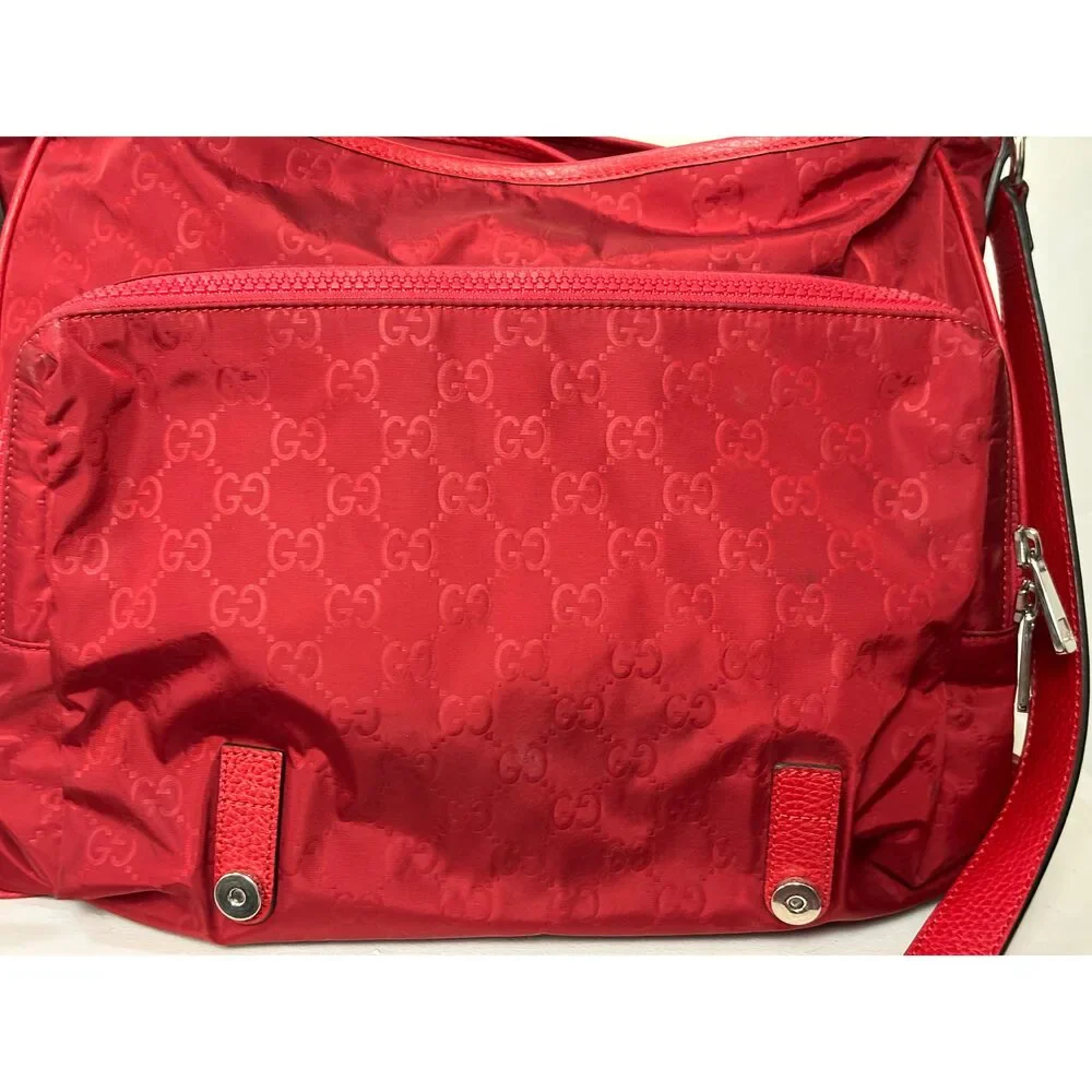 Gucci Red Nylon Monogram Double Buckle Flap Messenger Bag